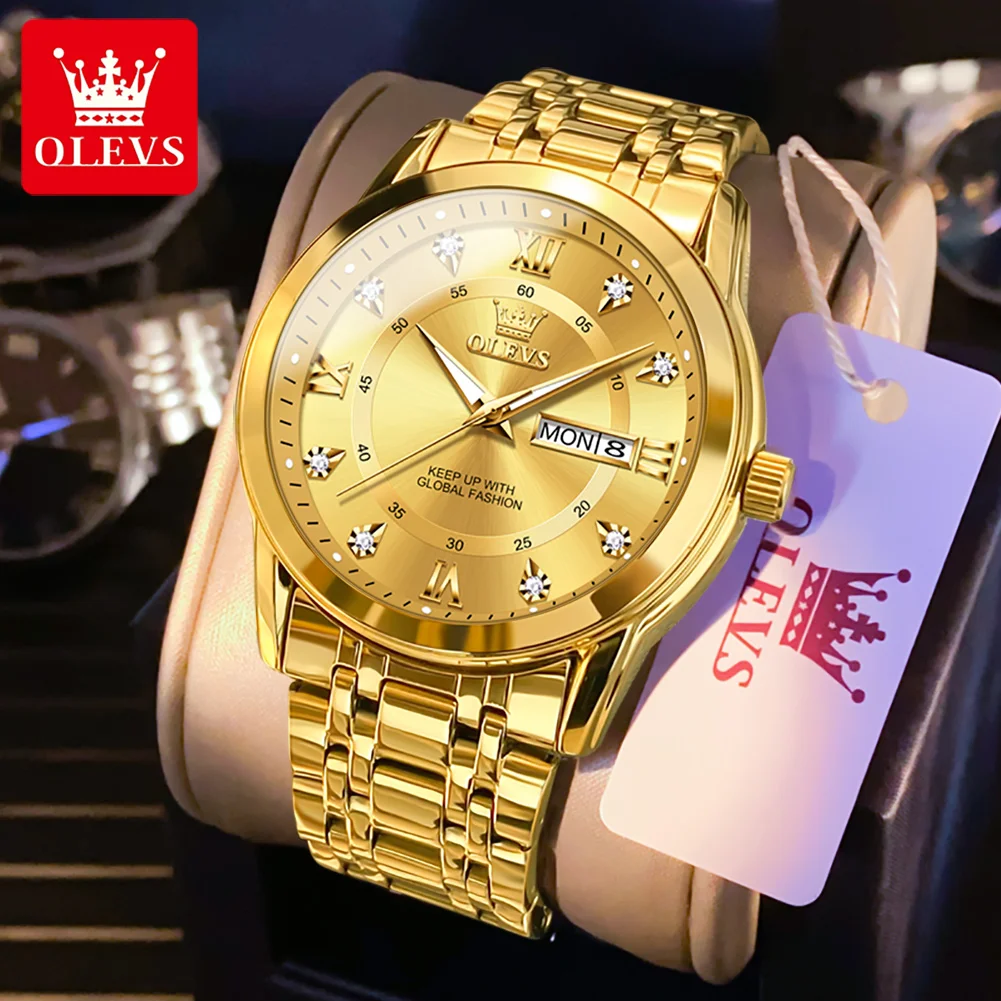 Мужские часы OLEVS, модные золотые оригинальные кварцевые часы для мужчин, светящиеся наручные часы из нержавеющей стали с дисплеем даты недели reloj hombre