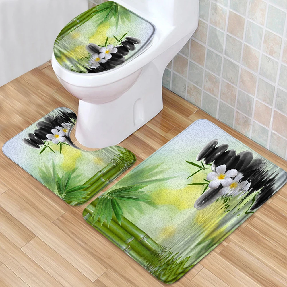 Набор из 3 ковриков для ванной комнаты Zen, Белые цветы, Зеленый бамбук, каменный пейзаж, коврик для ванны с эффектом памяти с низким ворсом, крышка унитаза, U-образный ковер