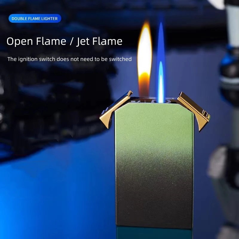 Новейшая креативная металлическая модная Градиентная двухпламенная бутановая газовая зажигалка с двойным переключателем без включения зажигания для курения