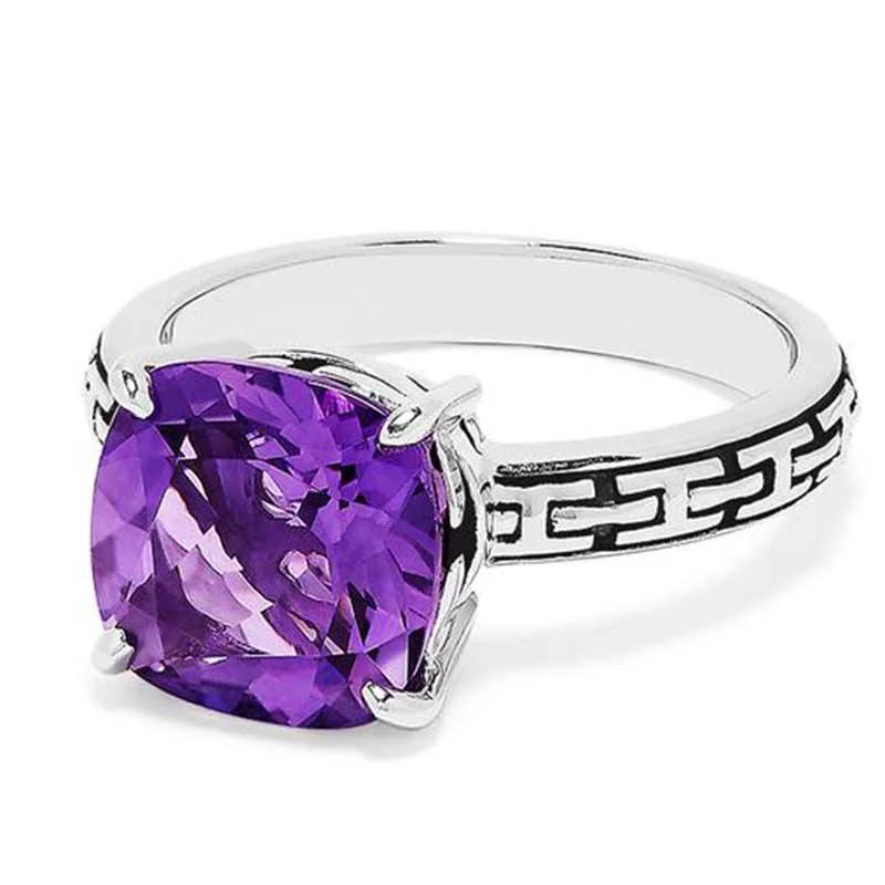 Новое винтажное почерневшее женское кольцо с классическим фиолетовым цирконом с четырьмя когтями, плавающий Н-образный текстурный браслет