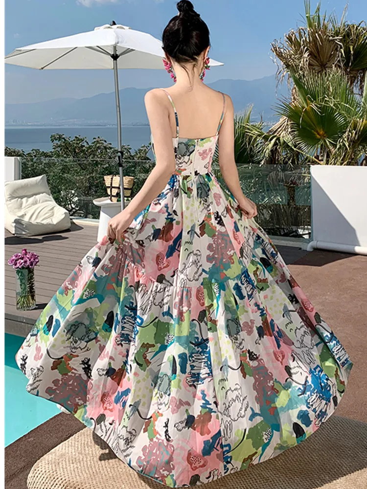 Новое модное женское сексуальное летнее платье на бретельках для женщин, элегантное платье без рукавов с большим размахом, Vestidos, Цельная одежда