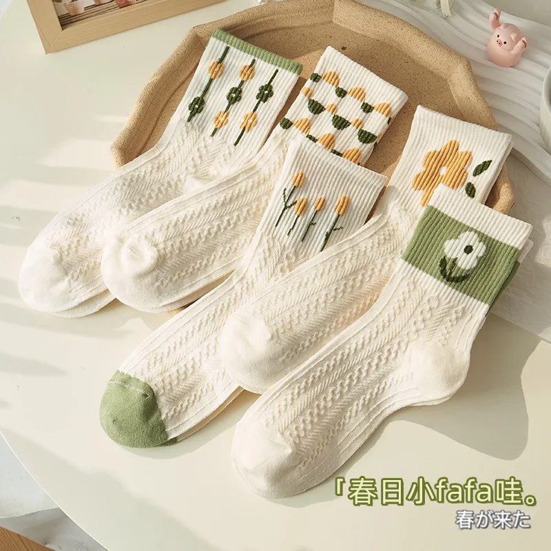 Новые женские носки для девочек, весенне-летние носки ins в японском и корейском стиле, маленькие свежие зеленые цветы, белые носки-трубки