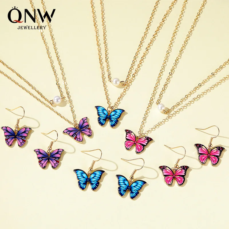 Новый набор Ожерелье с бабочкой, Красочная Двойная жемчужная подвеска-бабочка, Женские Темпераментные Элегантные серьги-бабочки
