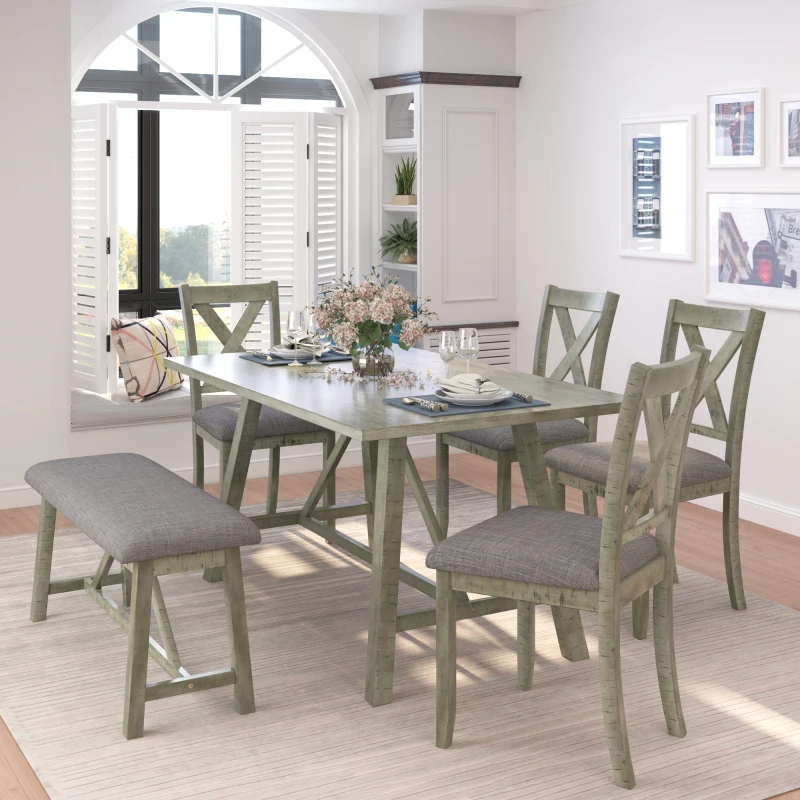 Обеденный стол из 6 предметов, Деревянный обеденный стол и стул, Кухонный стол со столом, скамейкой и 4 стульями, деревенский стиль, серый