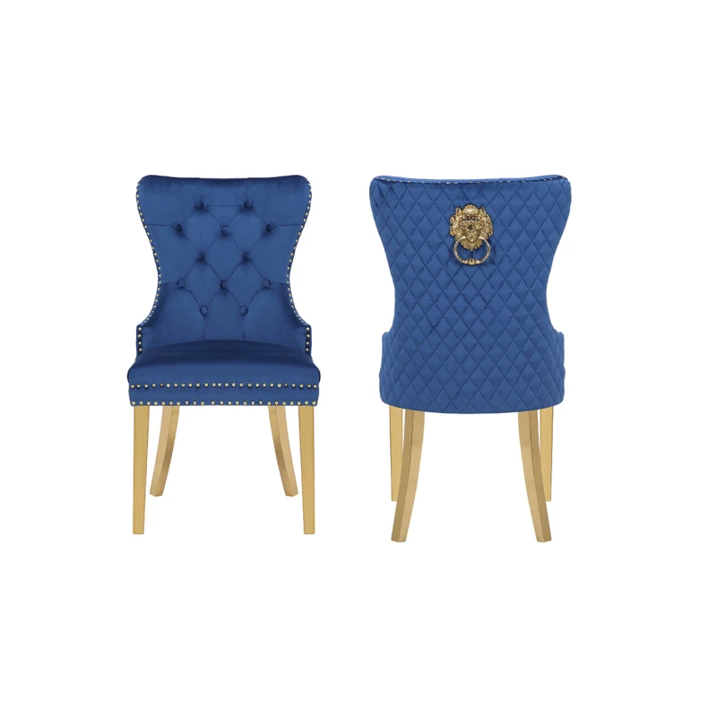 Обеденный стул Simba Gold из 2 предметов, отделанный бархатной тканью темно-синего цвета.