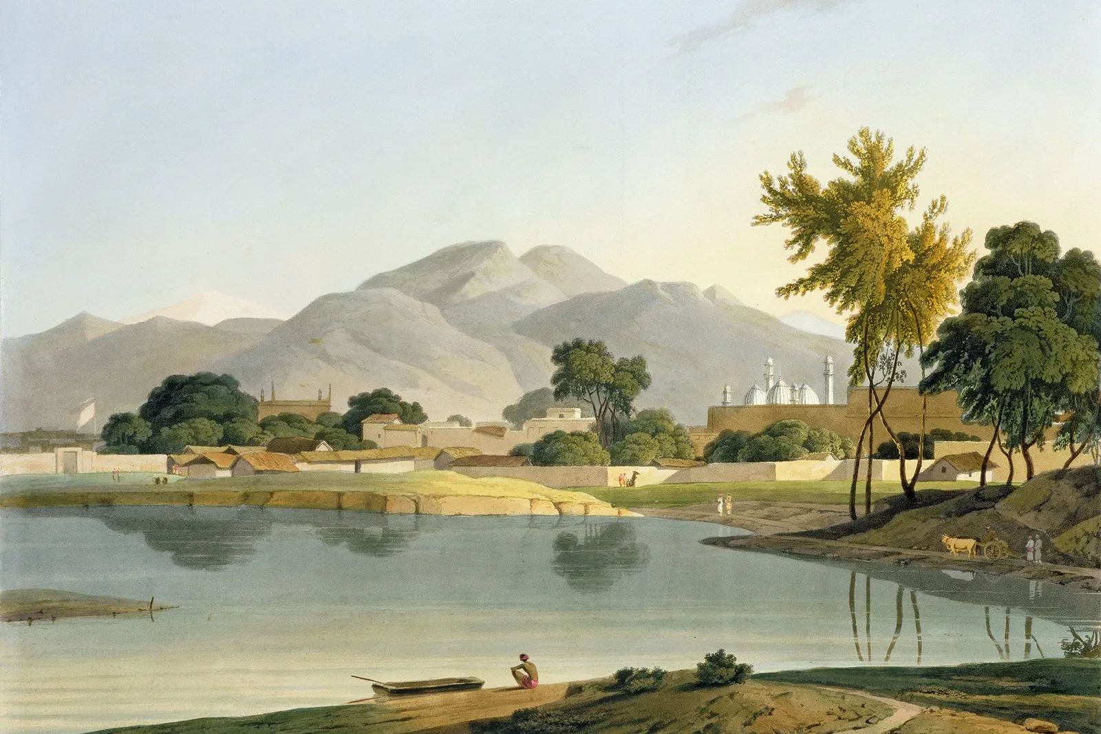 Обои с масляной краской в Ниджейбабаде, Декор, панорамная настенная роспись с индийским пейзажем с изображением реки, мечети и гор