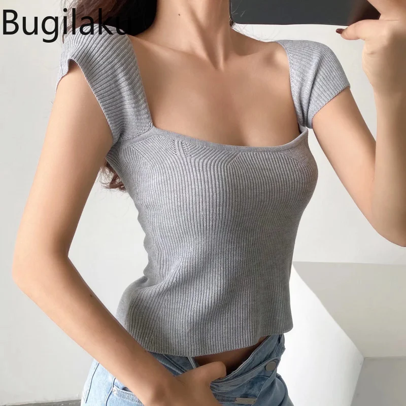 Однотонные облегающие футболки Bugilaku, женская уличная мода, простые универсальные футболки, повседневные короткие топы с внутренним низом