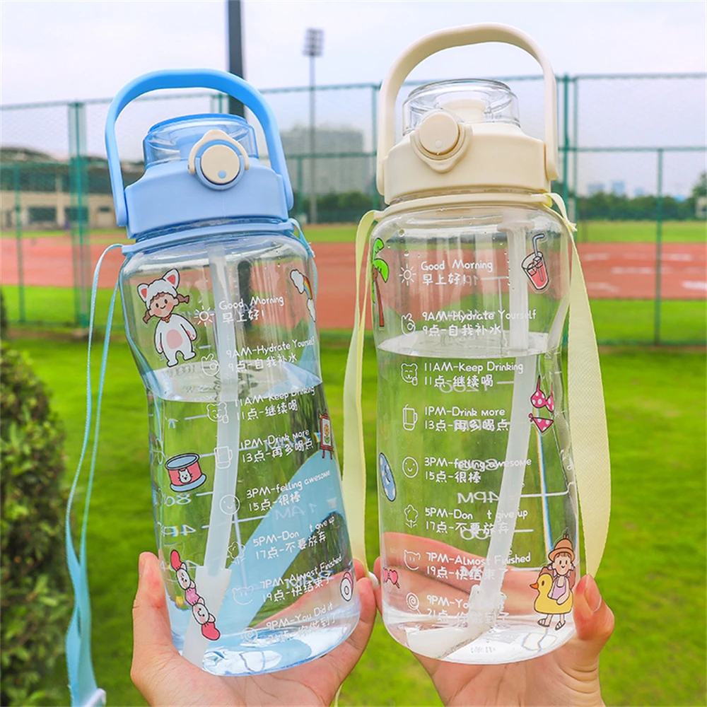пластиковые бутылки с водой большой емкости 2000 мл для девочек, детская китайская бутылка для питья, школьная Прочная, не содержащая BPA, чай на открытом воздухе