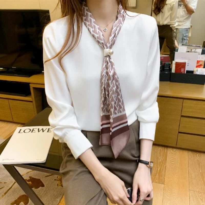 Повседневная женская блузка с длинными рукавами, весна 2023, новая корейская версия, шифоновый топ со свободным принтом и V-образным вырезом, блузка с лентой foreign air, женская блузка