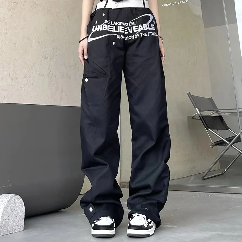 Повседневные брюки с буквенным принтом Harajuku, женские свободные широкие брюки в американском ретро стиле, женская уличная одежда в стиле хип-хоп с высокой талией, брюки в стиле хип-хоп.