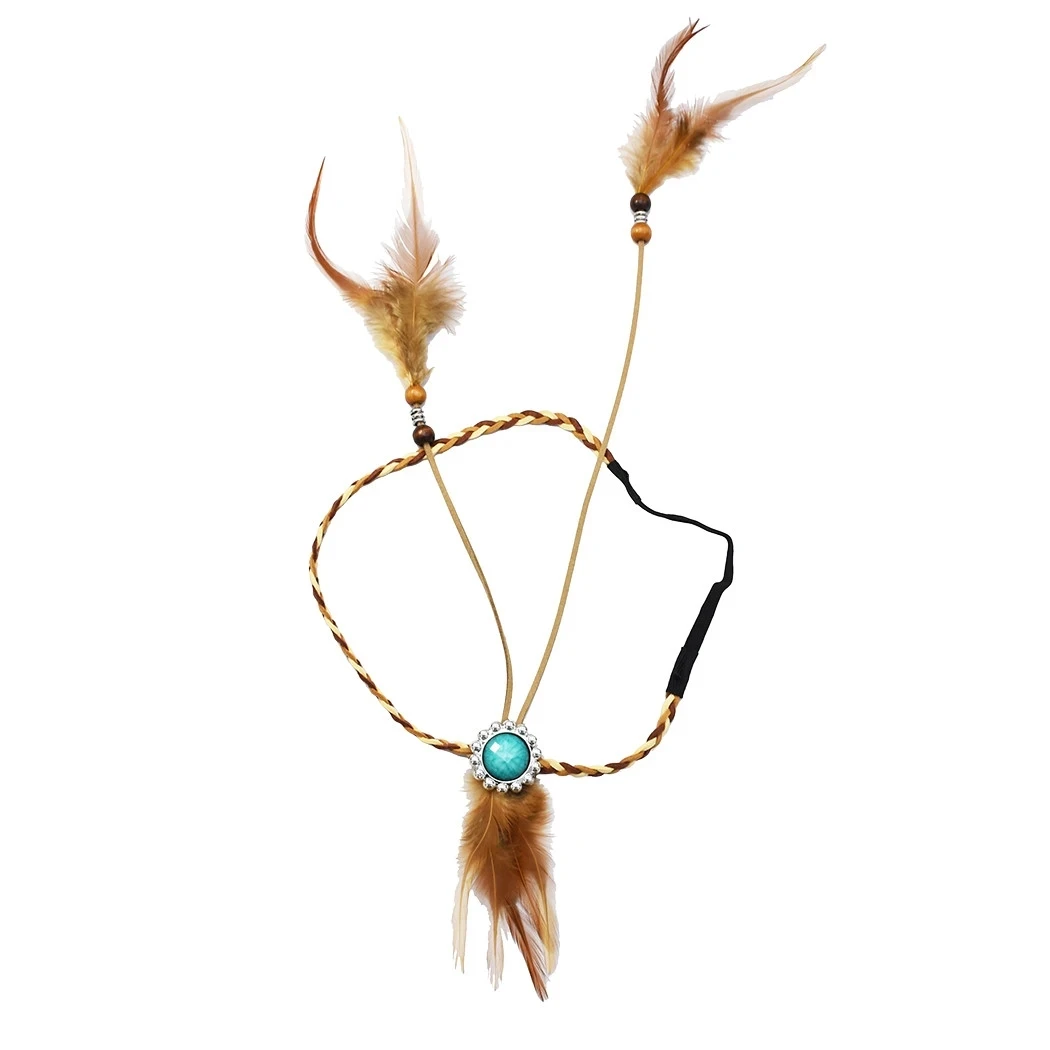 Повязка для волос из коричневых перьев индийской нации, синий акриловый драгоценный камень, Кожа, Регулируемый головной убор из деревянных бусин, украшения для волос