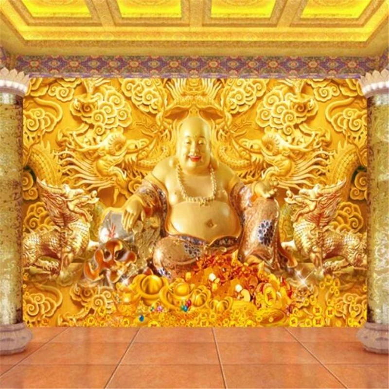 пользовательские обои beibehang 3d фрески приходят к счастливому сокровищу Будды в виде золотых тисненых обоев для телевизора на фоне стены гостиной