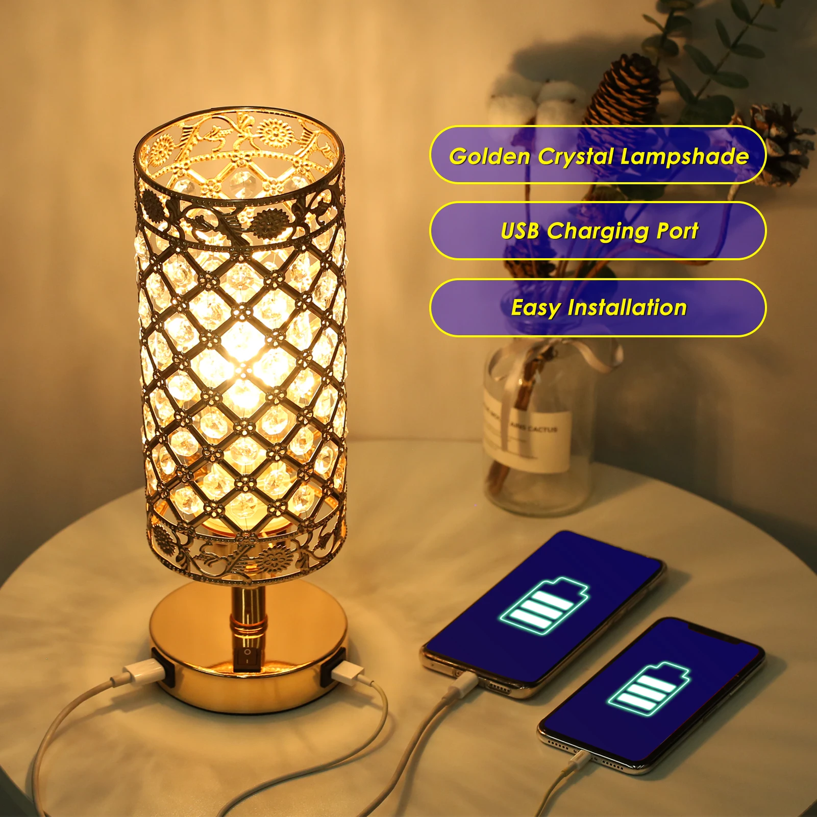 Прикроватная тумбочка Tomshine Crystal, Декоративная настольная лампа с двумя портами зарядки USB, современная прикроватная лампа для спальни, гостиной