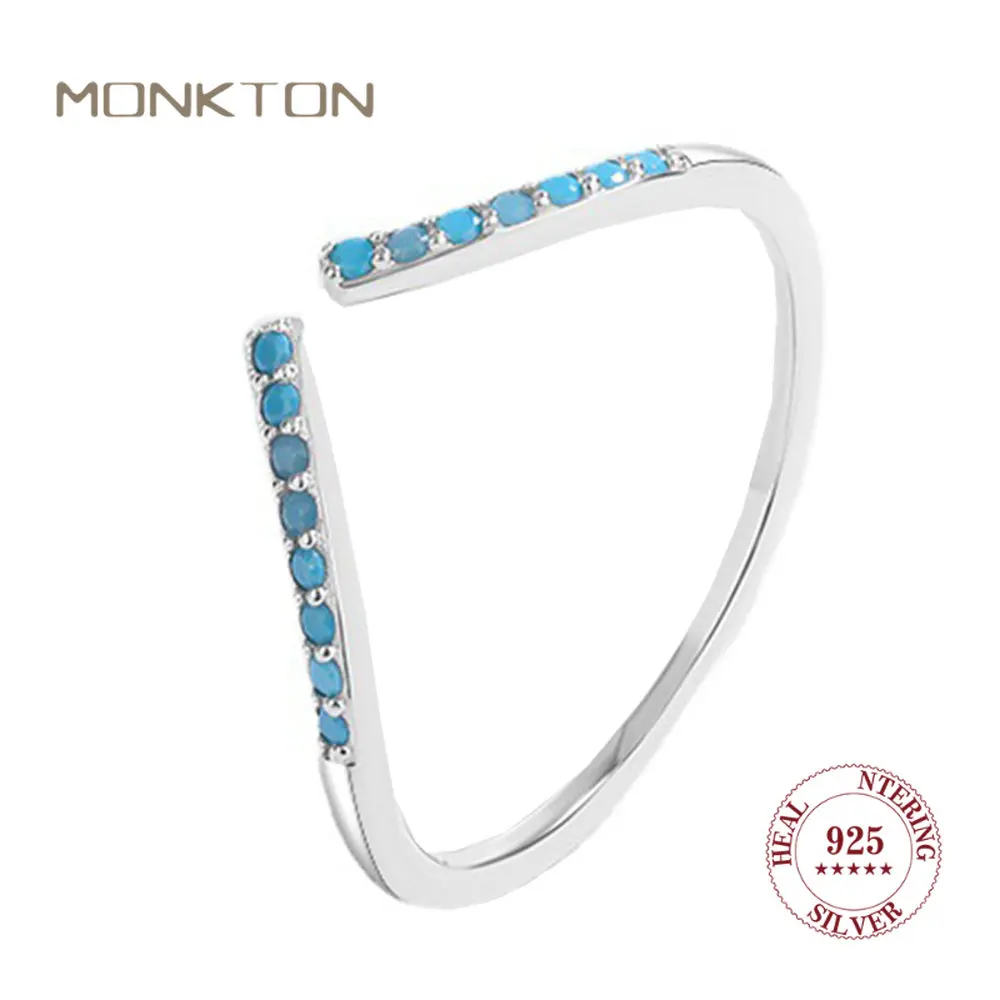 Простые кольца Monkton V-образной формы из стерлингового серебра 925 пробы для женщин, открывающее кольцо с микро-вставкой из синего циркония для свиданий, изысканные ювелирные изделия