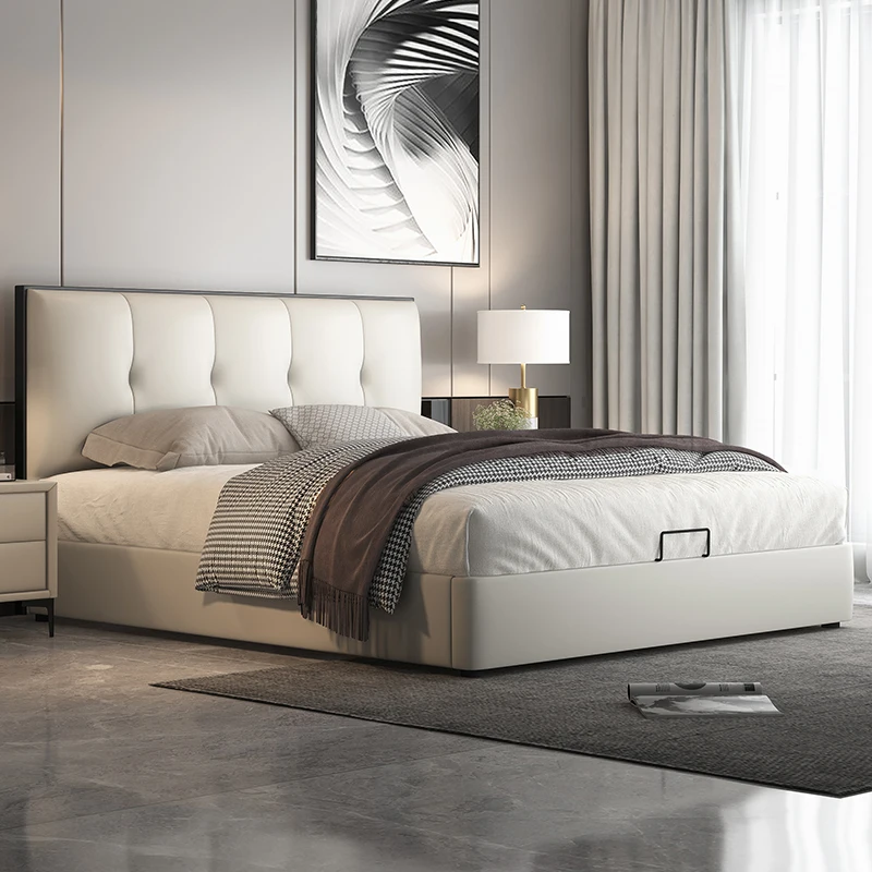 Роскошная кожаная кровать в стиле минимализм в главной спальне двуспальная кровать из шкуры крупного рогатого скота 1,8 м современная простая мягкая кровать свадебная кровать