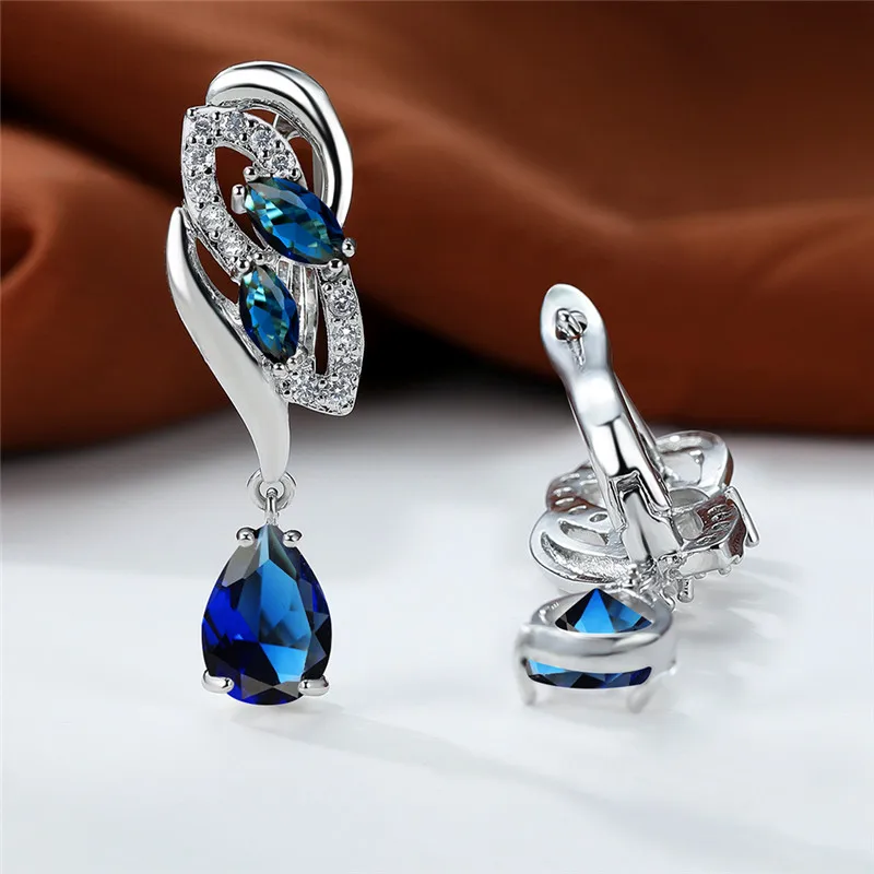 Роскошные женские серьги с голубым радужным камнем, Серебряные серьги-клипсы для женщин, очаровательные свадебные серьги с кристаллами Циркона
