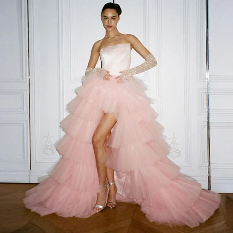 Светло-розовая многослойная тюлевая юбка Макси, женские высокие низкие пышные многоуровневые тюлевые юбки для выпускного вечера, вечернее платье с эластичной талией