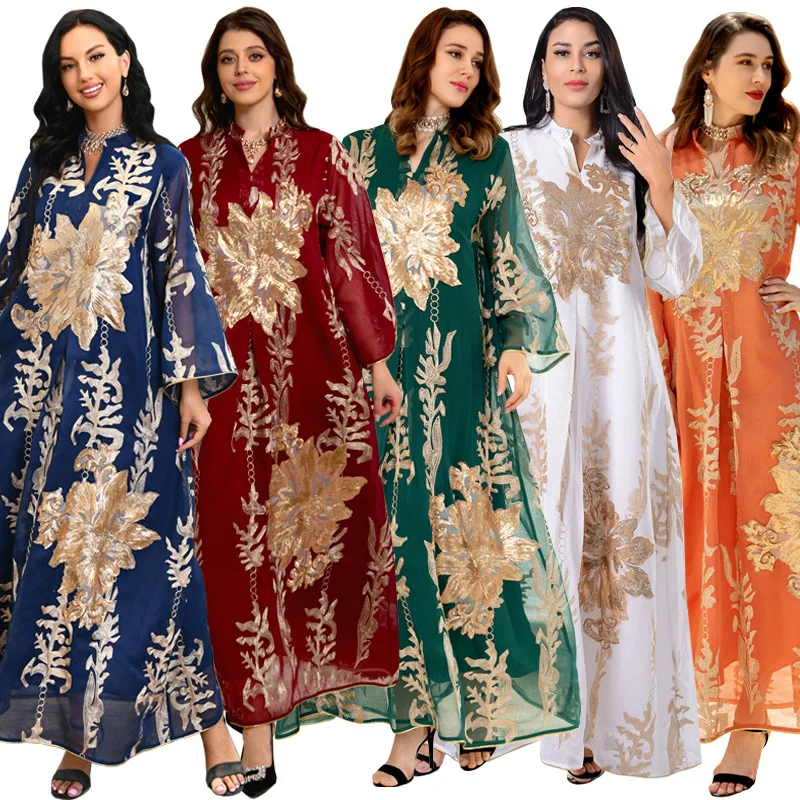 Скромное платье Абая с вышивкой пайетками для праздника Ид, Марокканский Кафтан, Турция, Арабская Халабия, Белый Исламский Этнический халат, Арабская одежда 2023