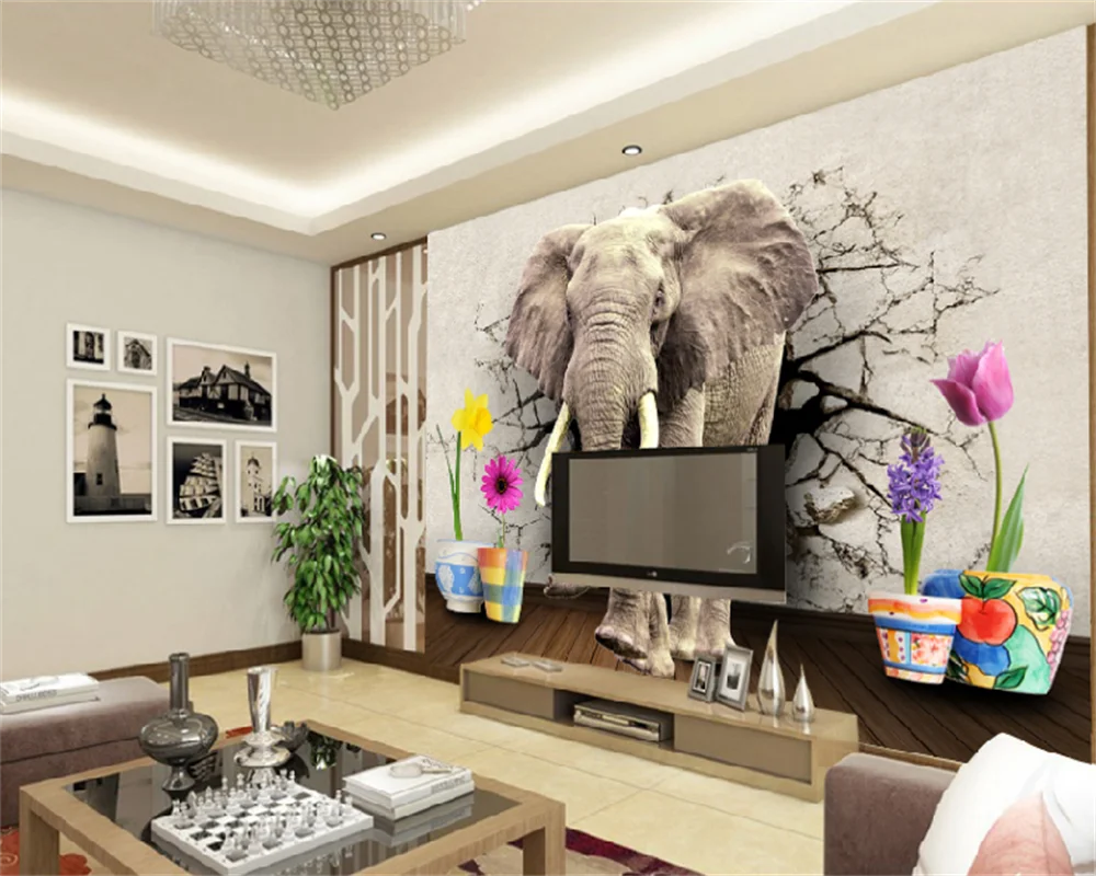 Слон, сломанная стена, деревянный пол, цветочный горшок, трехмерный фон, настенная роспись для домашнего декора, фотообои на заказ behang