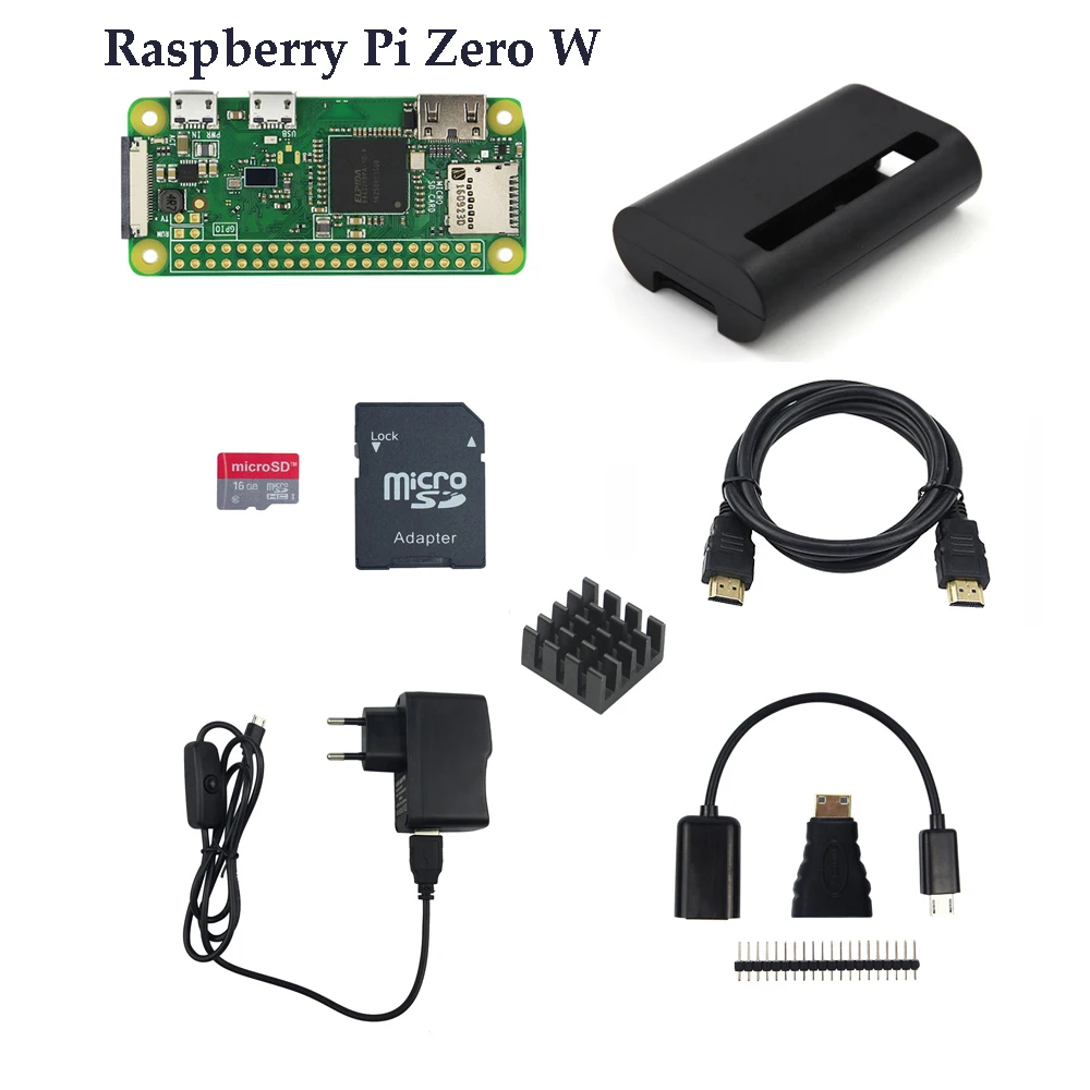 Стартовый комплект Raspberry Pi Zero / Zero W Плата RPi Zero 1.3 Zero W + Карта 16G + адаптер питания + Корпус из ABS + Радиатор + Адаптер 3 в 1