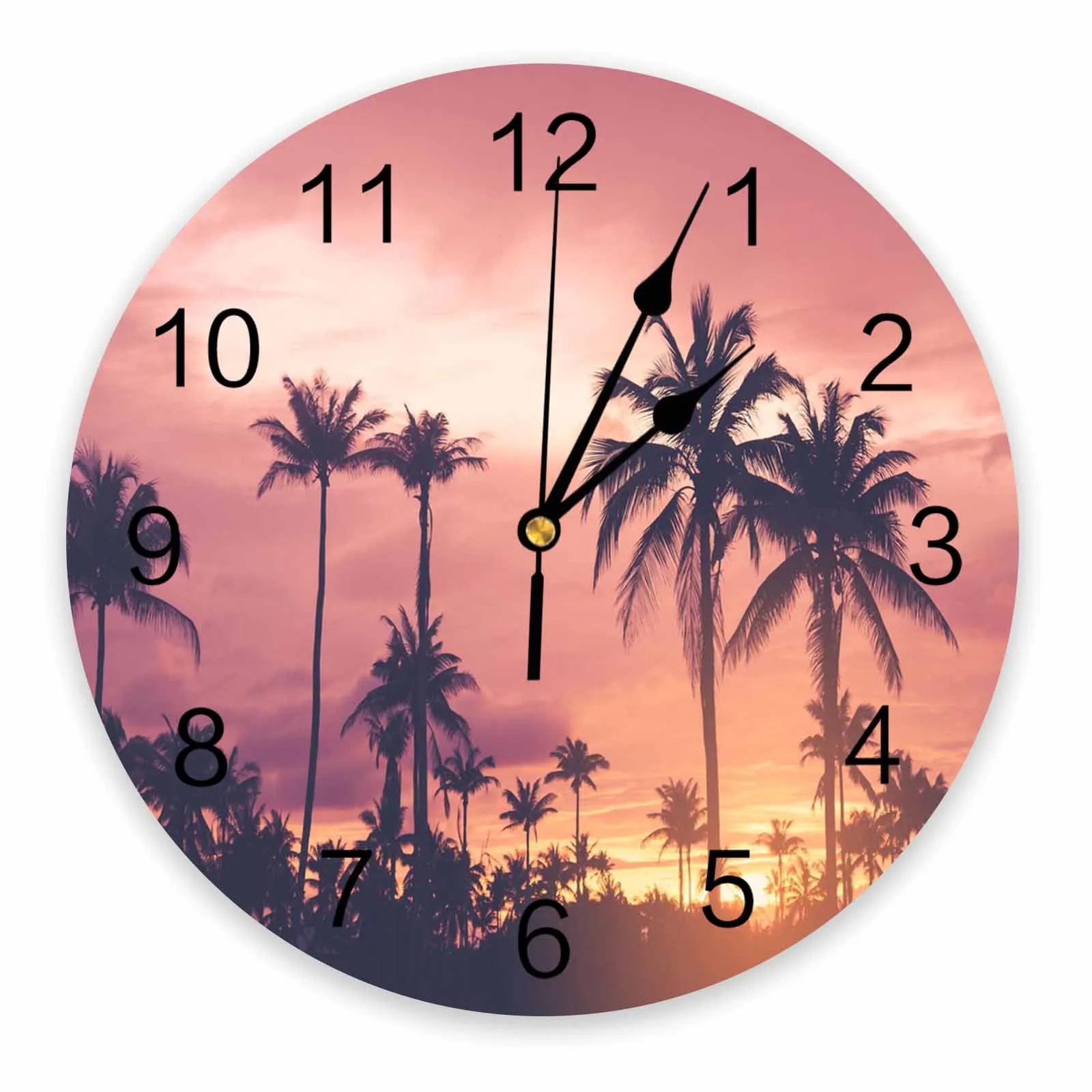 Тропические пальмы Закат Декоративные Круглые настенные часы Дизайн с арабскими цифрами Не Тикающие Спальни Ванная комната Большие настенные часы
