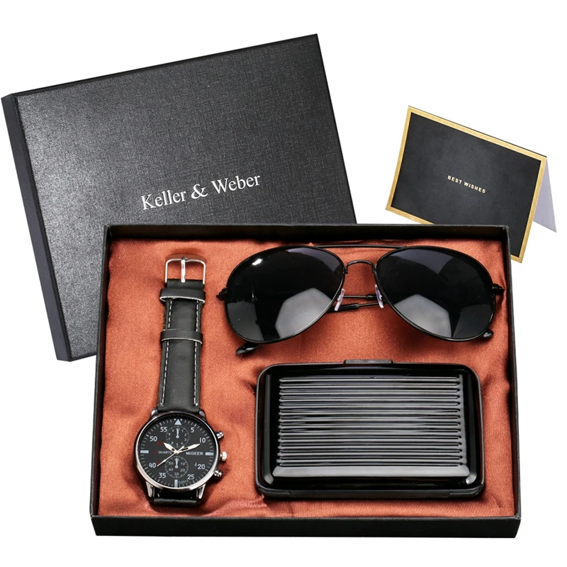 Уникальный подарок для мужчин, кожаный ремешок с декоративным дополнительным циферблатом, аналоговые кварцевые наручные часы, крутые солнцезащитные очки с футляром для кредитной карты