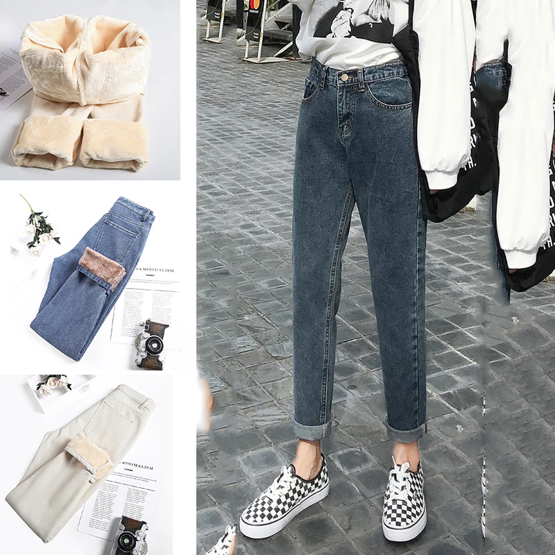 Утепленные плюс бархатные женские высококачественные облегающие брюки-карандаш из эластичного денима, зимние брюки, простые флисовые теплые джинсы