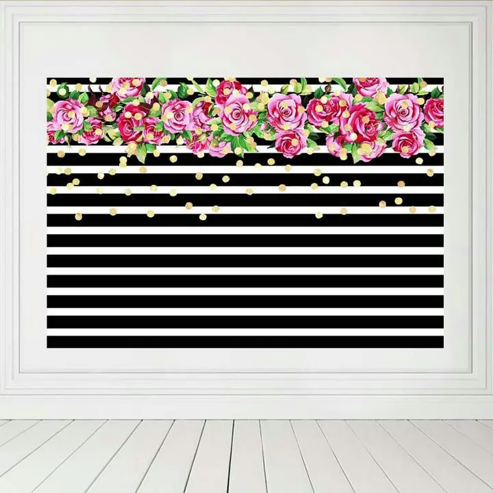 Фон с Днем рождения в черно-белую цветочную полоску, Виниловая ткань, высококачественная компьютерная печать, фон для вечеринки