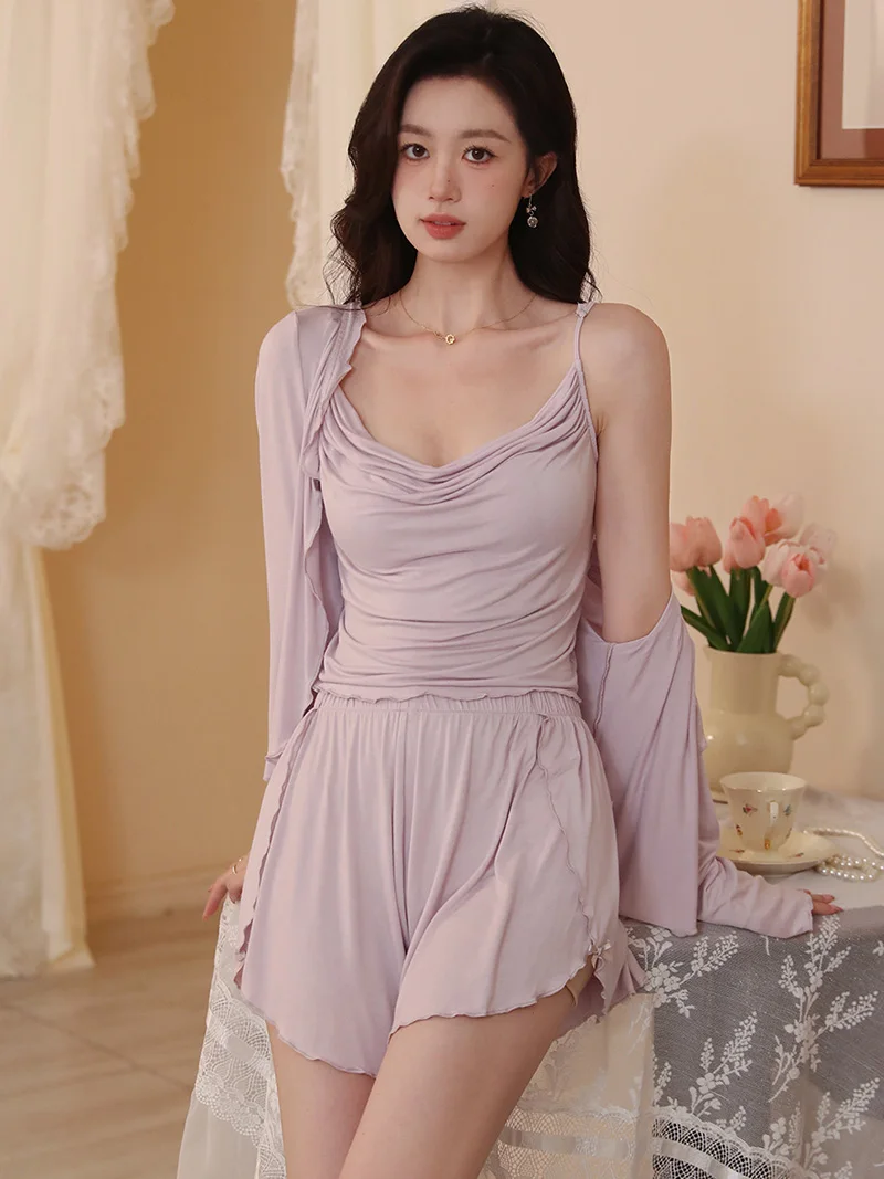Французская сексуальная пижама Camisola из модала, комплект из трех предметов, Летний кардиган с длинным рукавом, шорты, домашняя одежда принцессы, женская одежда для отдыха