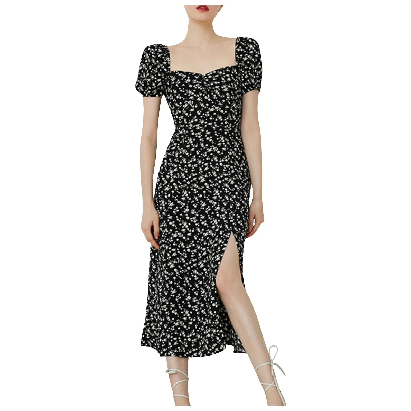 Французское платье для сладкого чаепития, квадратный вырез, рукав-пузырек, Маленькое Свежее платье в цветочек, Черное Темпераментное Длинное платье платье