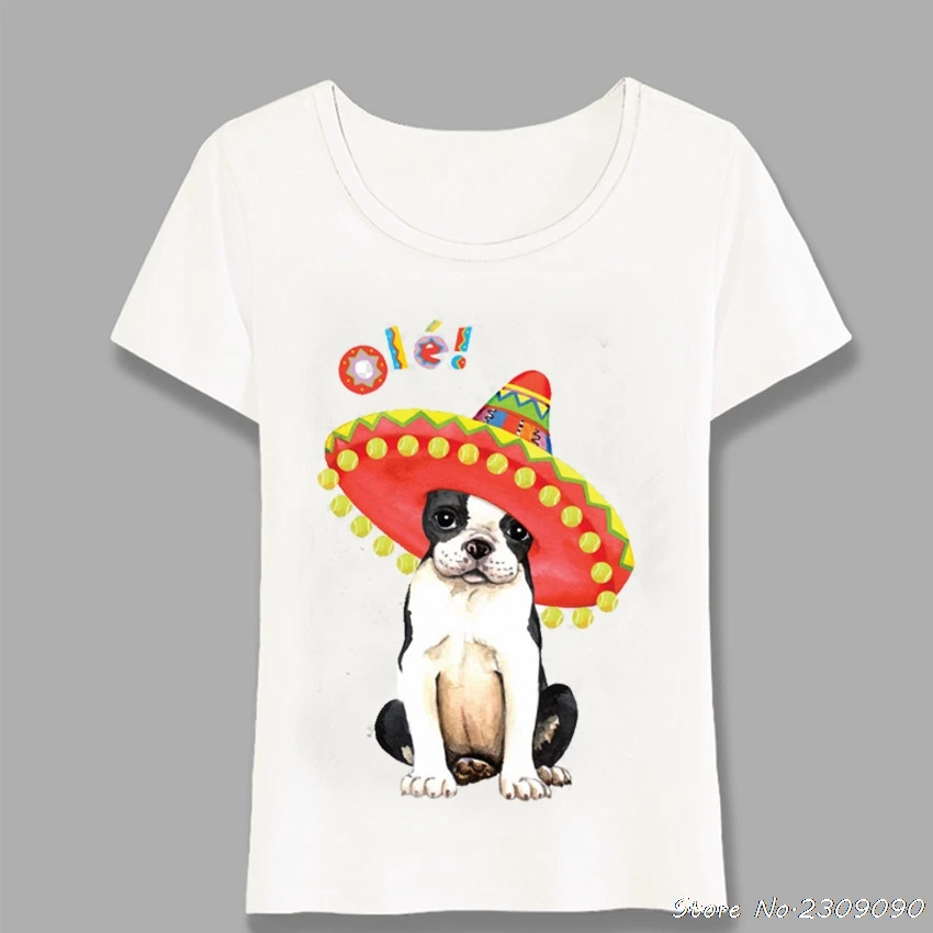 Футболка Harajuku Fiesta Boston Terrier, Женская футболка с рисунком Мопса / Далматина /Йорки, Дизайнерская футболка, Летние Повседневные топы, Футболка для девочек, Harajuku