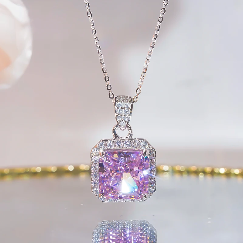 ЦИНЬХУАНЬ Розовое квадратное бриллиантовое ожерелье Женское серебро 925 пробы Модный Темперамент для женщин Предложение для свадебной вечеринки