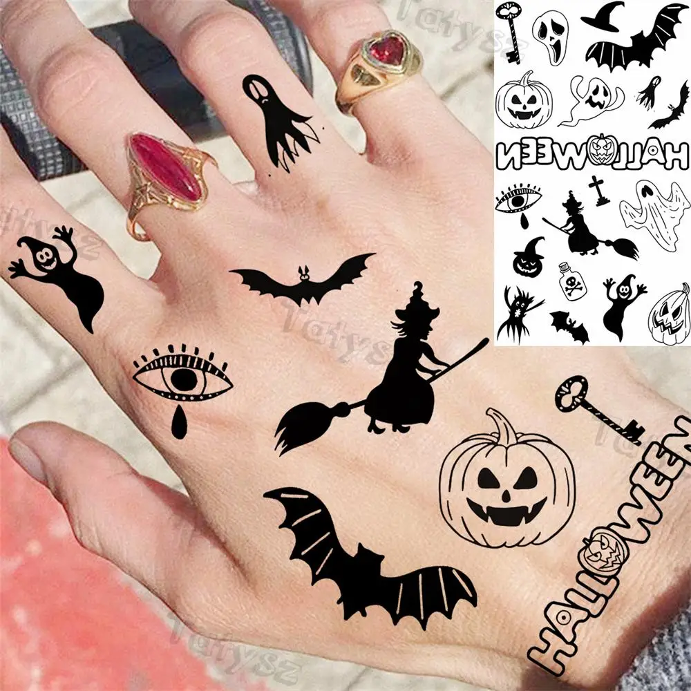 Черные временные татуировки Волшебной летучей мыши на Хэллоуин Для детей, мужчин, поддельный череп, тыква, наклейка с татуировкой сглаза, реалистичная татуировка на пальце, маленькая