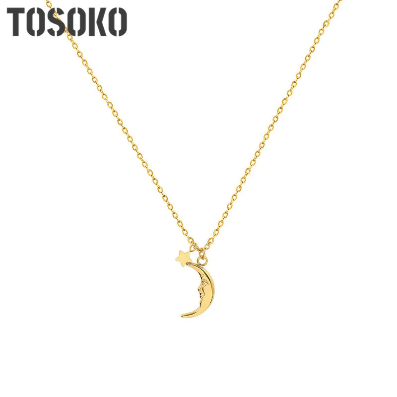 Ювелирные изделия из нержавеющей стали TOSOKO Простое ожерелье с подвеской в виде звезды и Луны Женское милое романтическое ожерелье BSP807