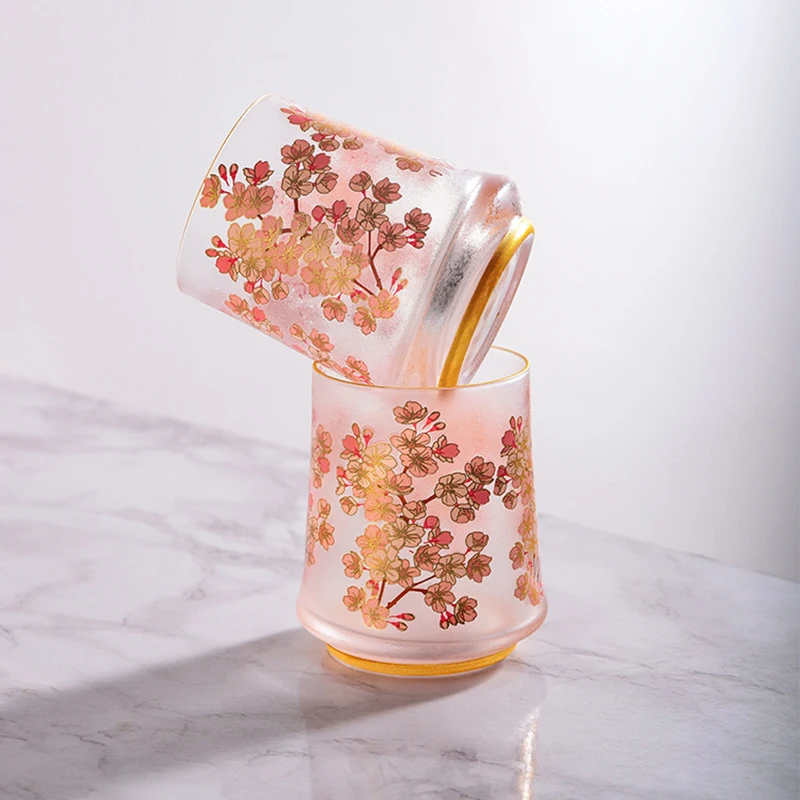 Японская вишня с розовым золотым краем, хрустальные стаканчики для виски, матовые ретро-цветы, домашняя чашка для воды, роскошный набор для пары