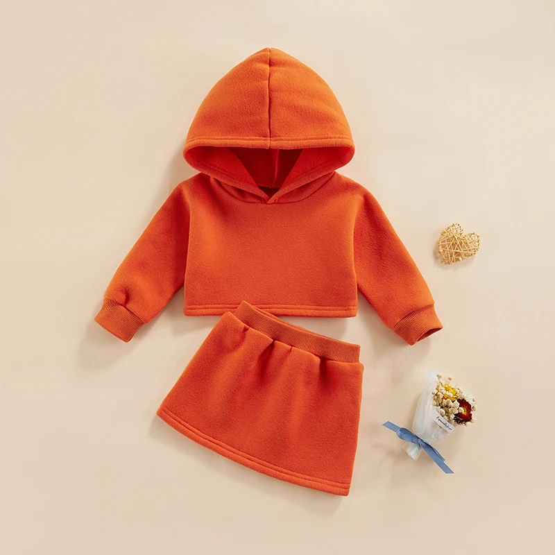 0-5 лет, 2 предмета, Весенне-осенний спортивный костюм для девочек, однотонная Оранжевая толстовка с капюшоном и длинными рукавами + юбка с эластичной резинкой на талии, костюмы для девочек