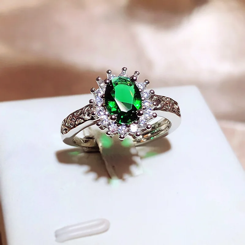 100% Кольцо из стерлингового серебра S925 Пробы с зеленым изумрудом, женские Изящные Обручальные кольца, ювелирные изделия из серебра 925 пробы, Изумруд, Изумруд