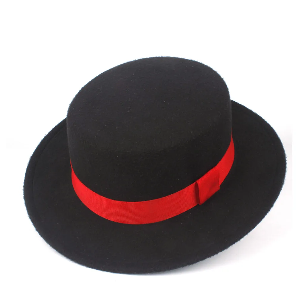 100% Шерстяная мужская фетровая шляпа с плоским верхом и красной лентой, шерстяная фетровая шляпа-канотье, джазовая шляпа, Размер 56-58 см