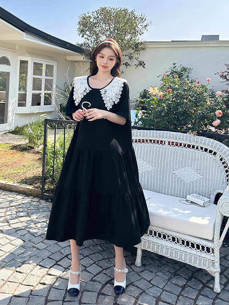 2023 Летнее Корейское модное Женское платье с кружевным воротником в стиле пэчворк Оверсайз, свободные Женские платья больших размеров, черные Макси-длинные платья для женщин