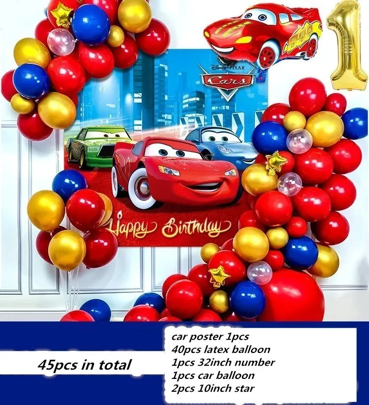 45шт Плакат Disney Happy Birthday Kids Macqueen The Cars на тему с 1-го по 9-е Латексная алюминиевая пленка Металлические воздушные шары украшение вечеринки