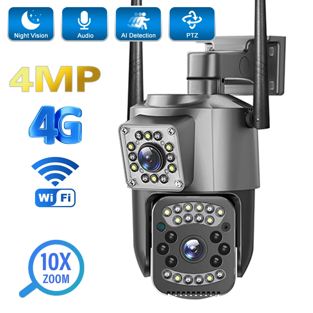 4G WiFi PTZ-камера 4 МП с 10-кратным цифровым зумом, двухэкранные наружные камеры видеонаблюдения с обнаружением человека, 4-мегапиксельные IP-камеры безопасности