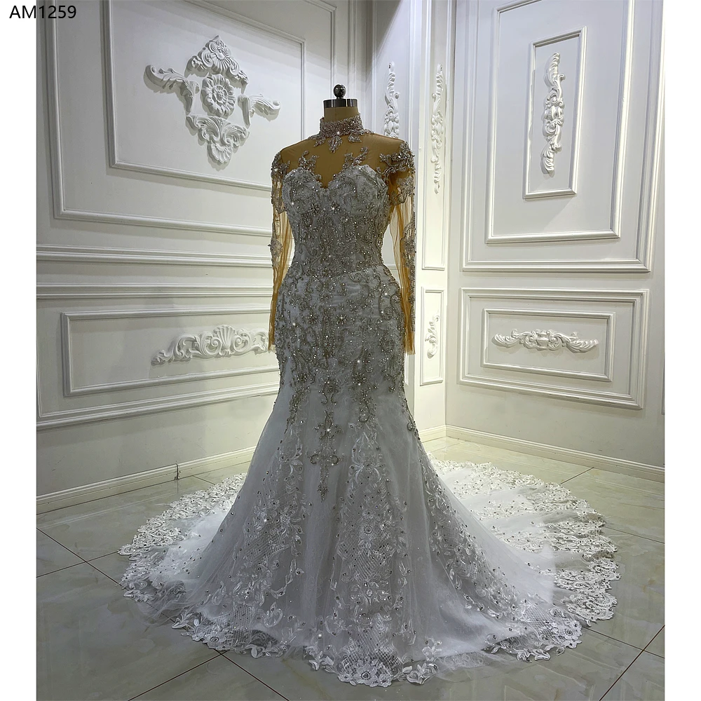 AM1259, Свадебное платье с высоким воротом, Кружевные аппликации, Длинные рукава