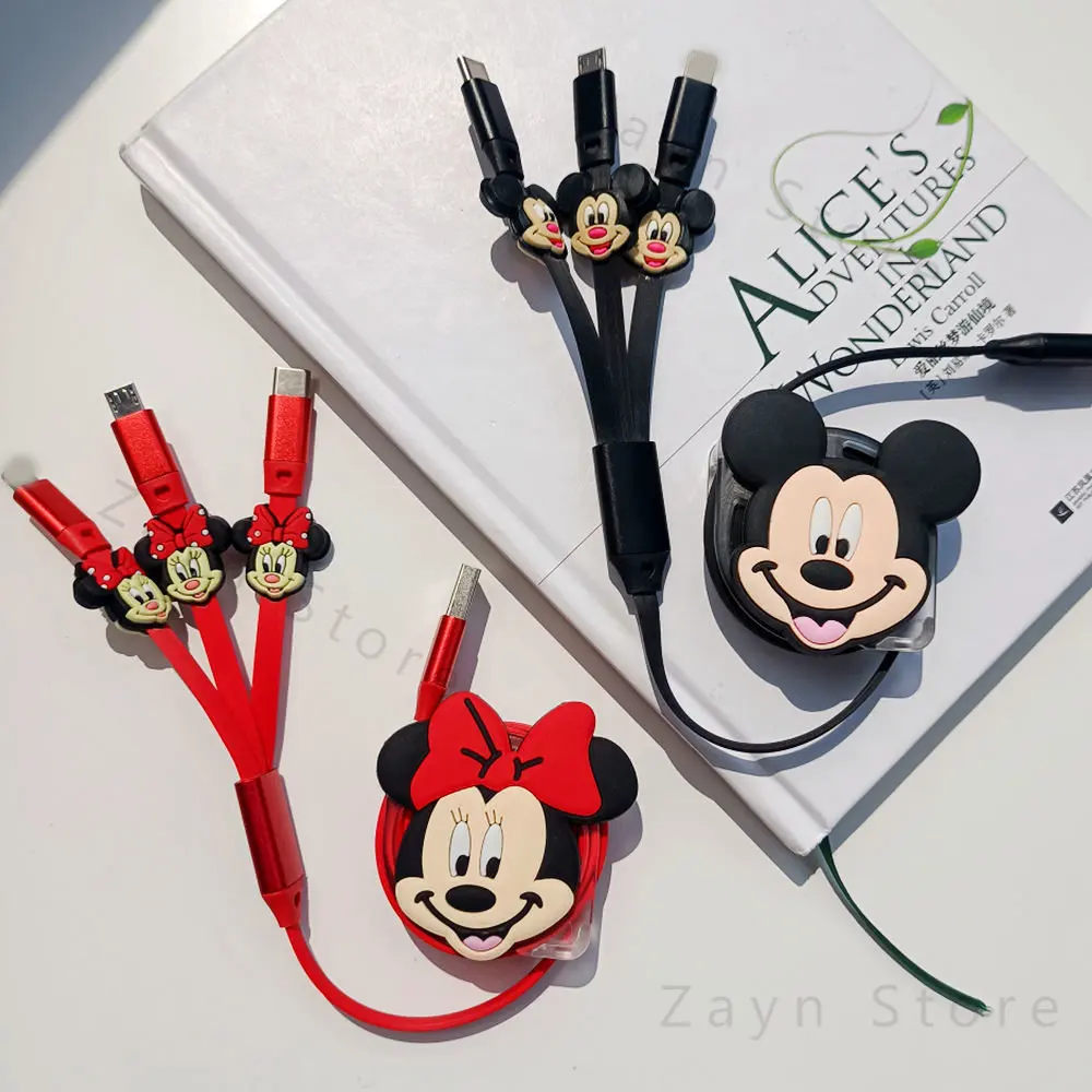Disney Mickey Minnie 3 в 1 Выдвижной кабель для передачи данных, быстрое зарядное устройство, многофункциональный USB Lightning Type-C для iPhone Huawei Samsung