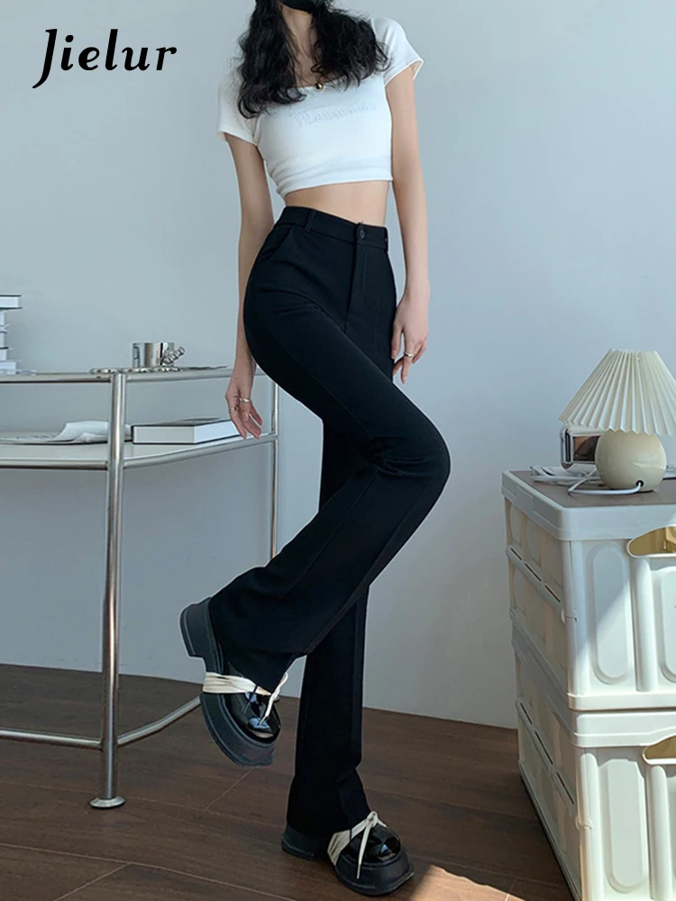 Jielur Черные Облегающие женские брюки в Корейском стиле, летние новые женские брюки-клеш полной длины с высокой талией, Однотонные простые брюки