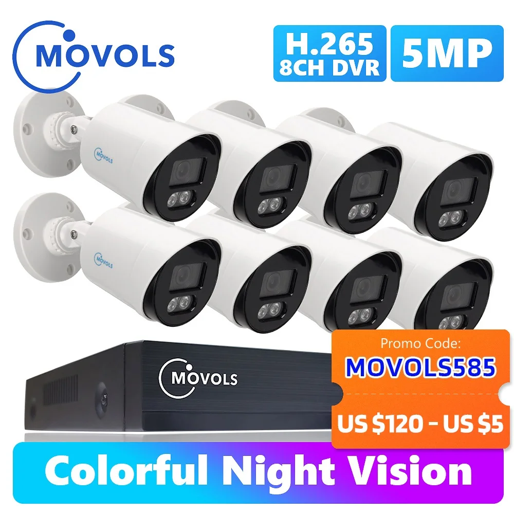 MOVOLS 5-Мегапиксельная Красочная система наблюдения ночного видения 8-канальный H.265 + P2P DVR Наружная Водонепроницаемая Домашняя камера видеонаблюдения Комплект системы безопасности