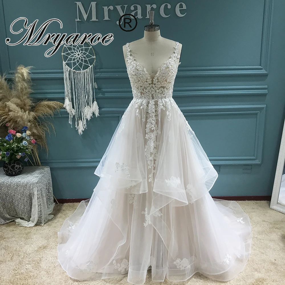 Mryarce Реальное изображение, сексуальное свадебное платье с глубоким вырезом и кружевной аппликацией, элегантные румяна, свадебное платье с открытой спиной, юбка с оборками, свадебные платья