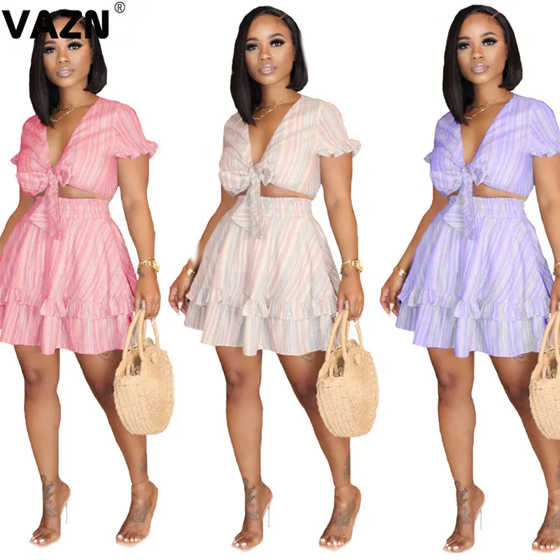 VAZN 2020 Летний специальный сексуальный женский комплект из 3 цветов, 2 предметов, топы с V-образным вырезом и коротким рукавом, мини-юбки, комплекты для хай-стрит