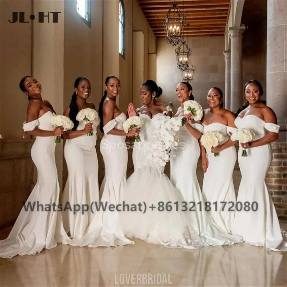 Африканские бело-черные женские платья для подружек невесты, длинное платье Русалки, Эластичное атласное платье для подружек невесты с открытыми плечами на свадьбе