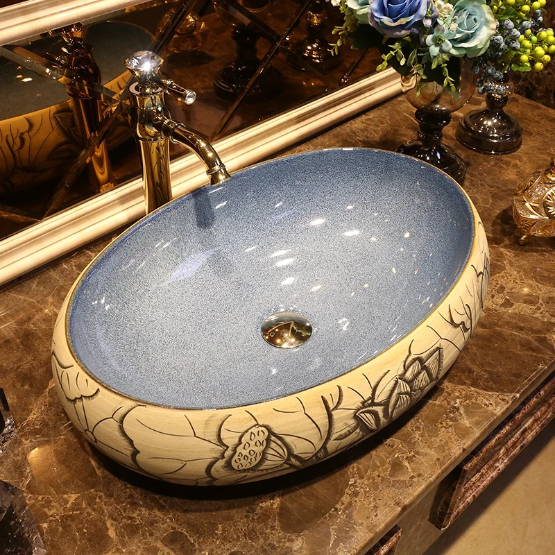 Верхний таз Lotus art stage, овальный керамический умывальник, ретро-таз в китайском стиле, верхний таз
