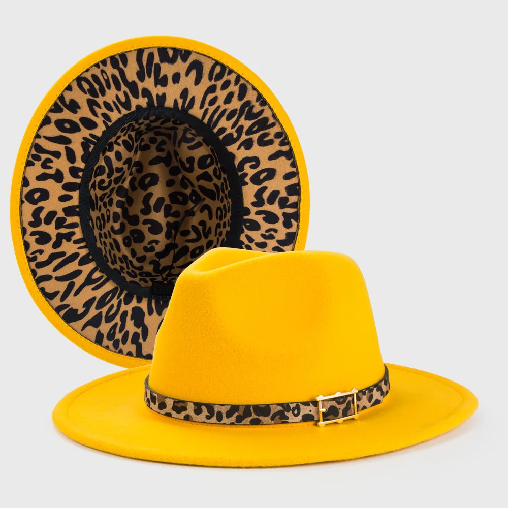 Желтая фетровая шляпа с леопардовым принтом Мужская женская джазовая шляпа Желтый Внутренний леопардовый принт Новая Фетровая шляпа с галстуком Осенняя классическая шляпа